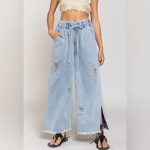 Wide leg Drawstring Denim Pants